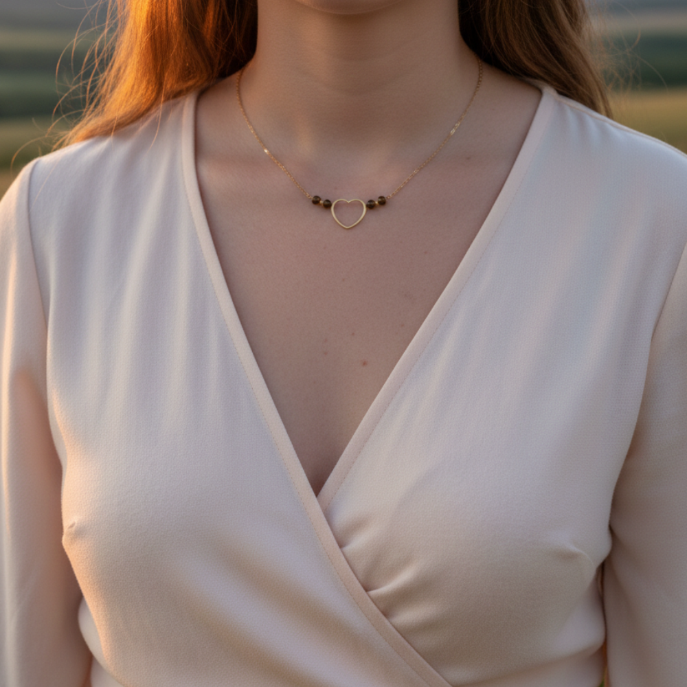 Collier Naïa porté, composé de pierres naturelles et d’un pendentif cœur. Un bijou délicat et personnalisable, réalisé sur mesure.
