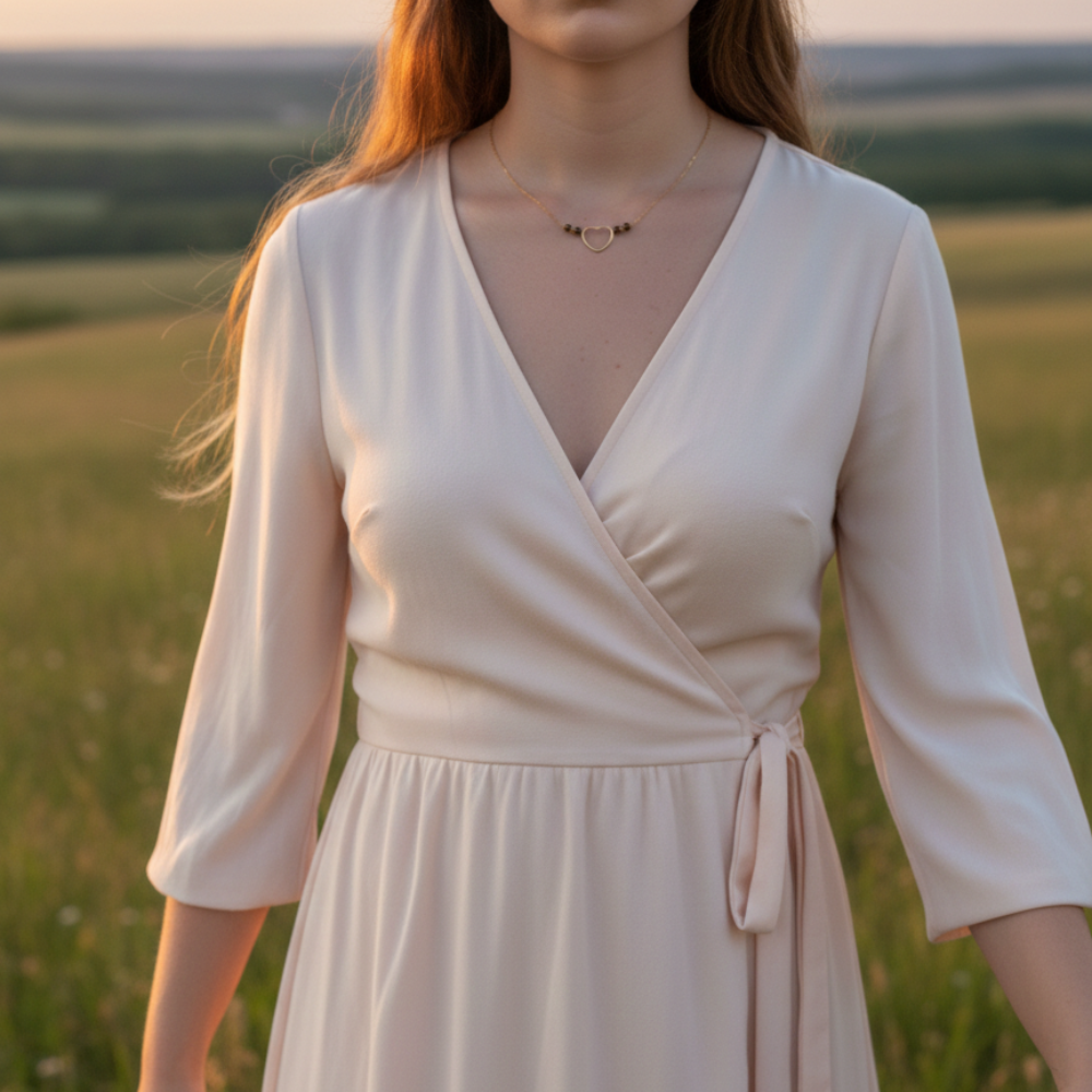 Collier Naïa porté, bijou personnalisé en pierres naturelles. Une création raffinée, pensée pour accompagner chaque moment du quotidien.