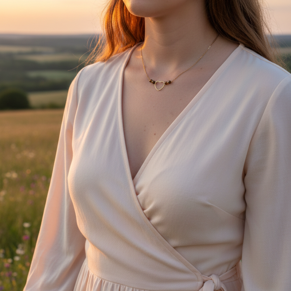 Gros plan sur le collier Naïa, mettant en valeur les pierres naturelles et le pendentif cœur. Une création élégante et pleine de sens.