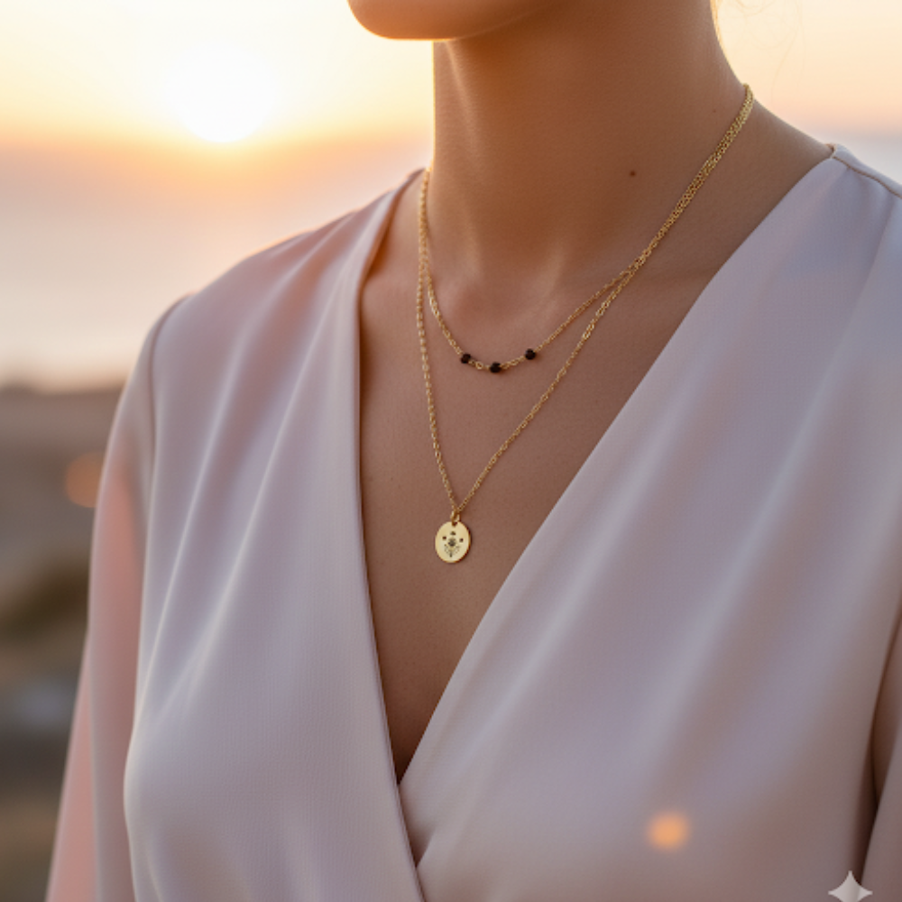 Collier double personnalisable Lila porté avec pierres naturelles et médaillon gravé