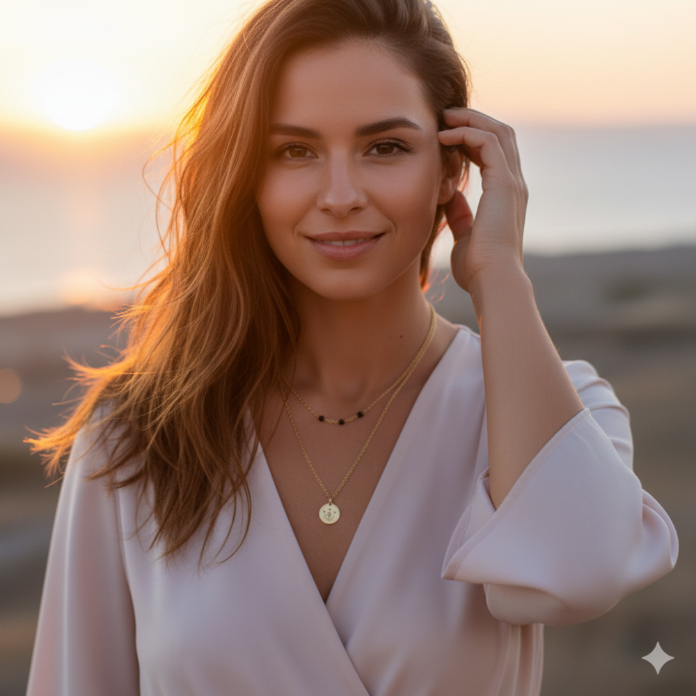 Collier double personnalisé femme porté, bijou gravé élégant en pierres naturelles